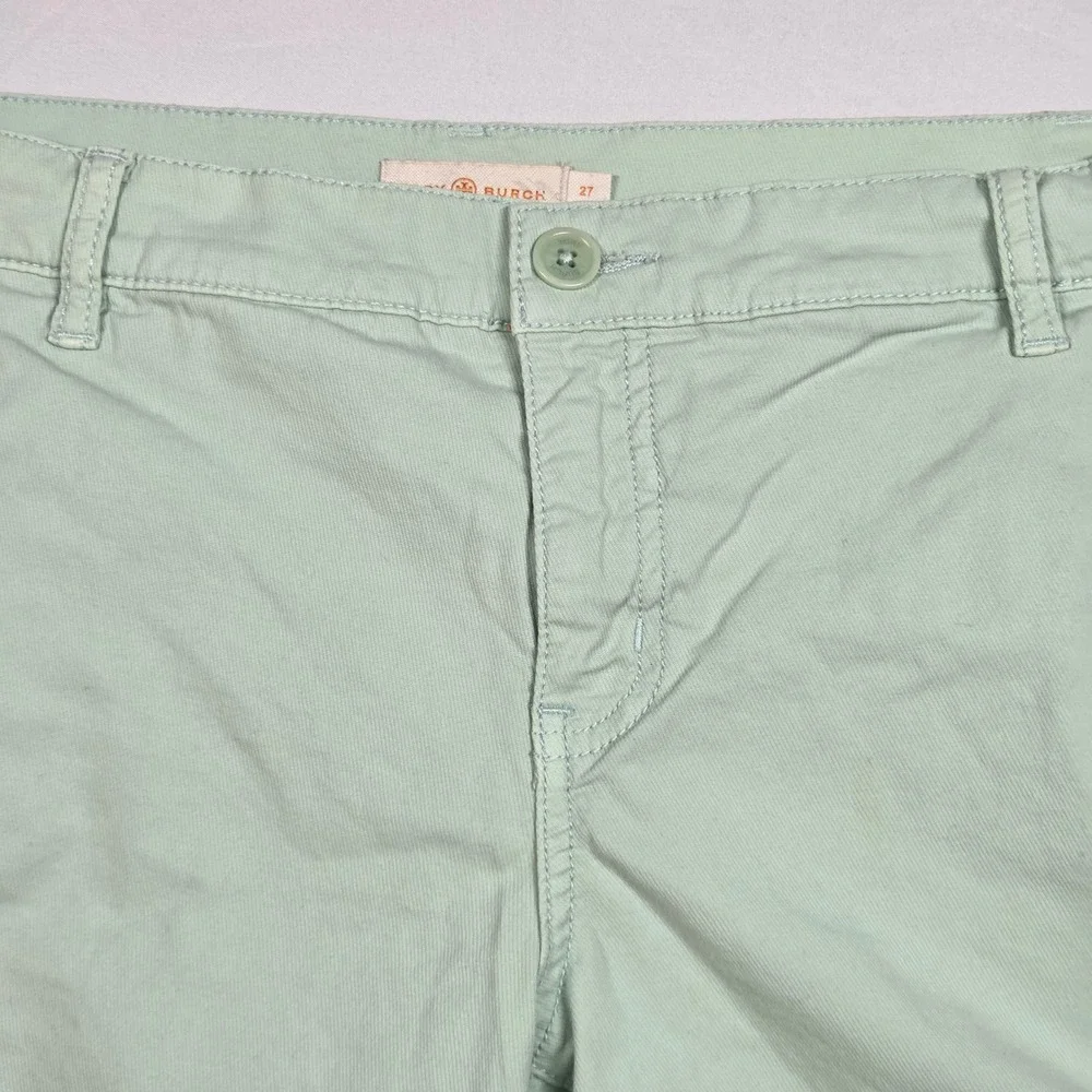 Tory Burch Mint Green Chino Shorts Women Size 27 Roll Up Button Tab Cotton Twill